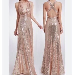 REVELRY champagne sequin plunge maxi formal dress